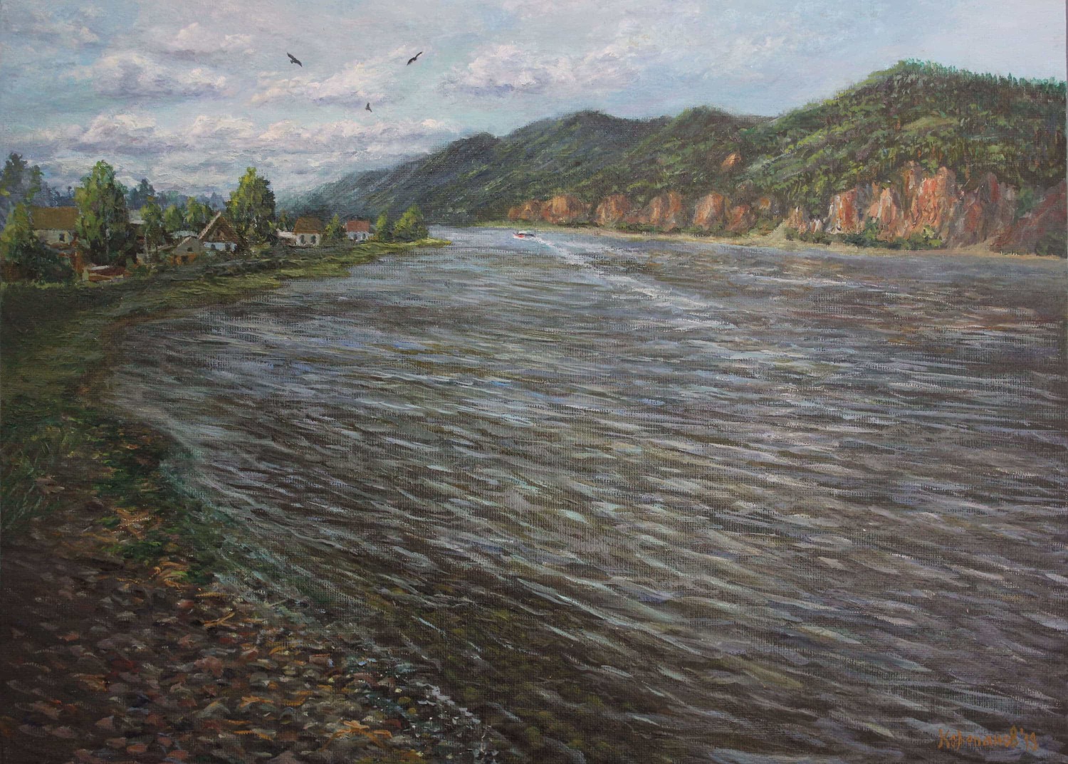 Картина маслом "Енисей. Село Овсянка" Пейзаж летний с натуры река Енисей, село Овсянка, Красноярский край