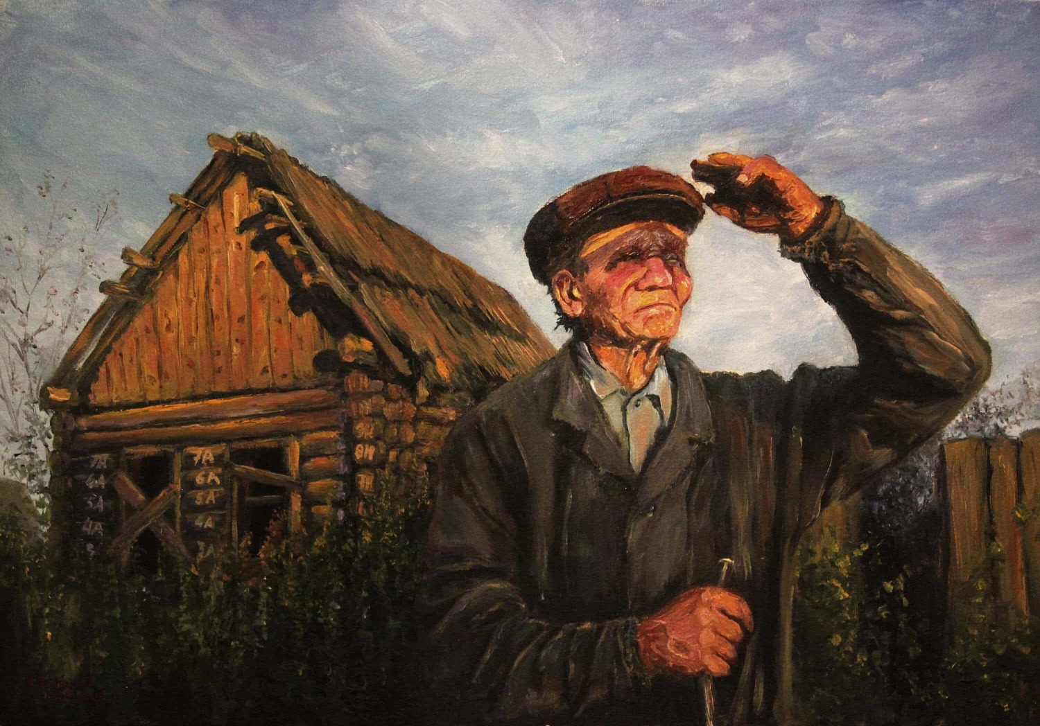 Сюжетная картина в стиле русская деревня. Дедушка смотри в даль на солнце, прикрывая рукой глаза, на заднем плане старый деревянный, покосившийся до 