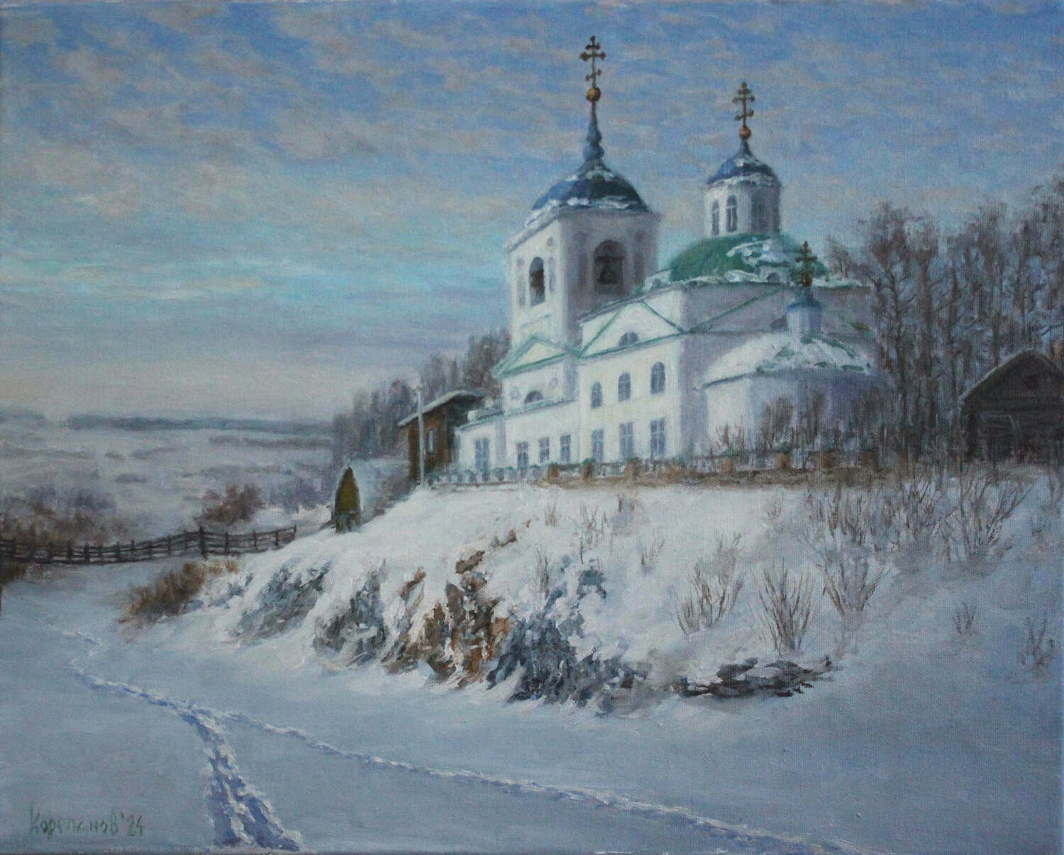 Картина маслом " Морозный день в слободе" Этюд с натуры зимой на реке Чусовая, изображен Храм во имя Георгия Победоносца с. Слобода