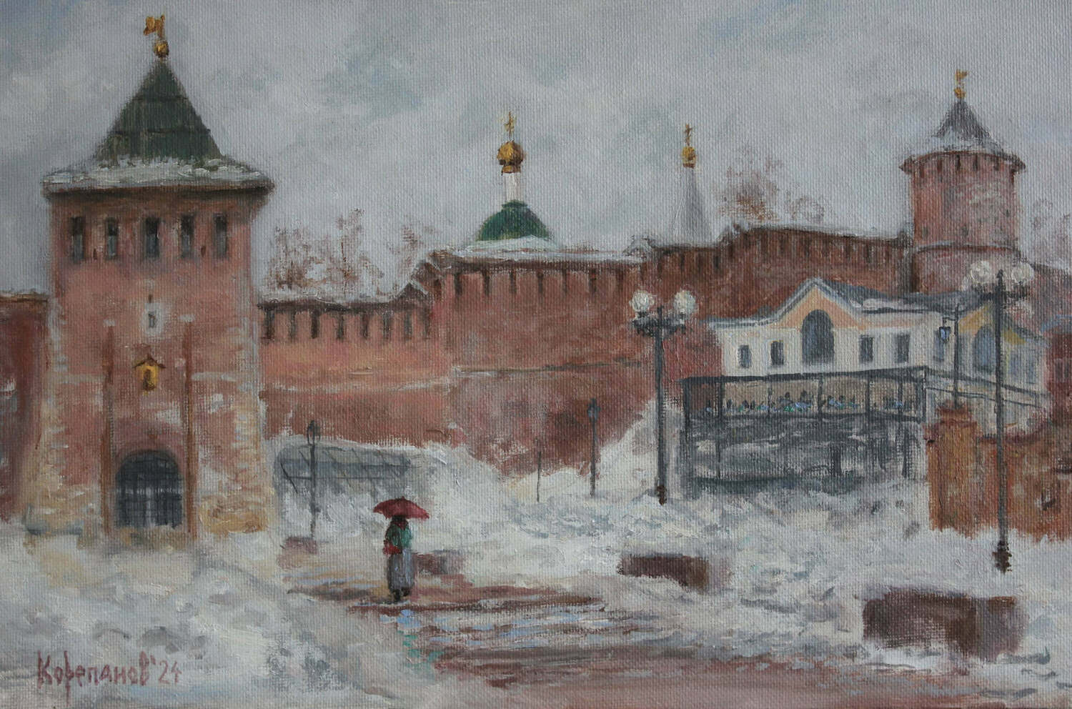 Картина маслом "Нижний Новгород. Март. Дождь" Городской пейзаж в наличии с натуры Нижегородский Кремль в Марте