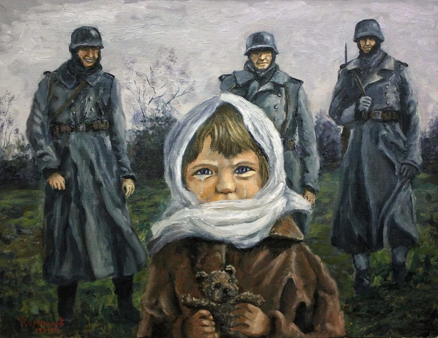 Сюжетная  картина про войну. Девочка стоит плачет с мишкой в руках, на заднем фоне стоят три немца и ухмыляются.За основу взята известная черно-белая фотография военных лет