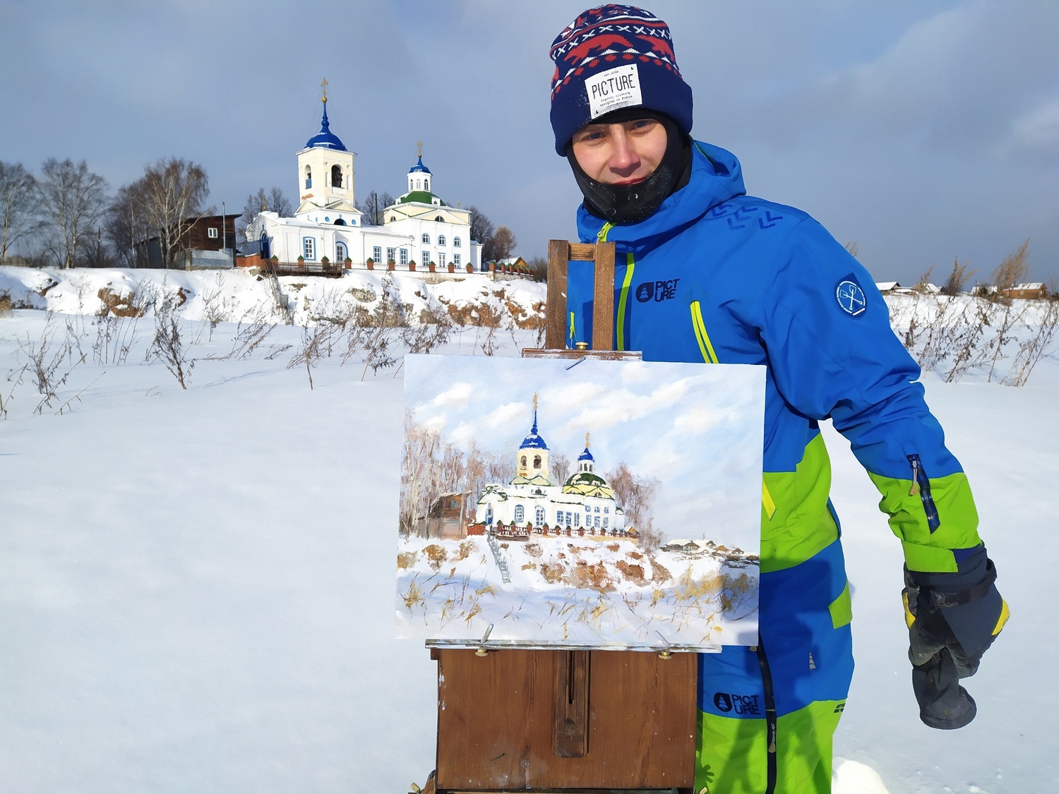 Зимний пейзаж: Церковь Георгия Победоносца, село Слобода, река Чусовая