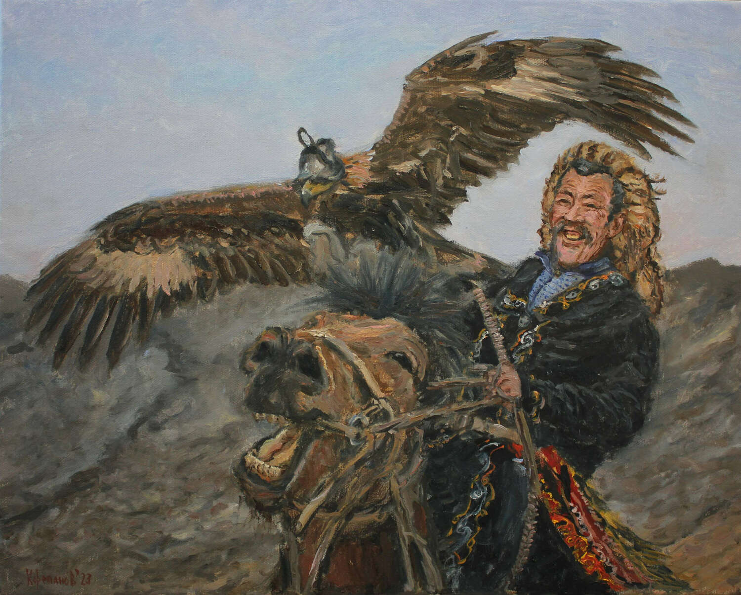 Сюжетная картина маслом.  Лесной пейзаж, мальчик, одетый в походную одежду, сидит на корточках рядом со своей верной собакой