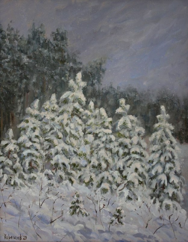 Картина маслом "Укутались сестрички" Зимний пейзаж с натуры в наличии. Молодые сосны