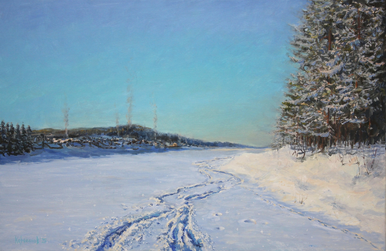 Картина маслом "Мороз и солнце на Серге" Выездной пленэр ,пейзаж зимний, река Серга, Верхние Серги