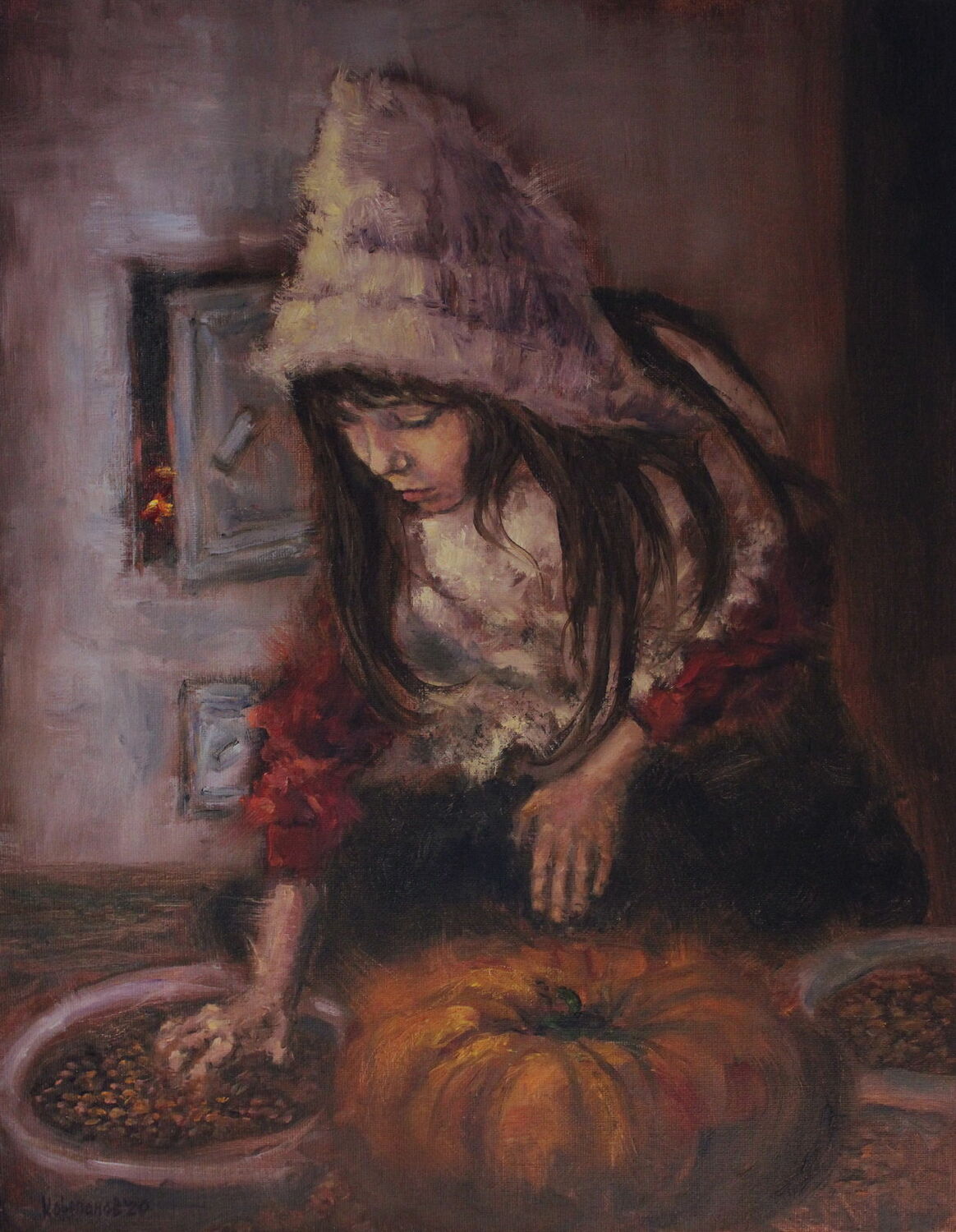 Сюжетная картина маслом.  Девочка в образе золушки, перебирает семена, на заднем плане печка